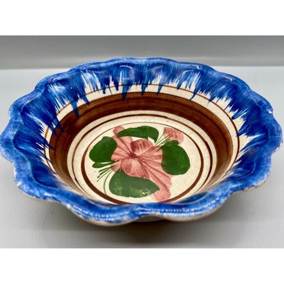 Vintage 6" Oaxacan Drip Ware Fluted Bowl Blue Brown Stripe Flower Hand-Painted - Picture 2 of 7